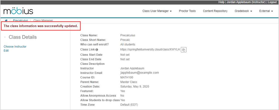 Message "The class information was successfully updated" on the Class Manager page.
